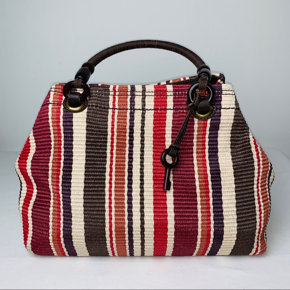 Fossil Striped Rattan Tote Leather & Wood Accents